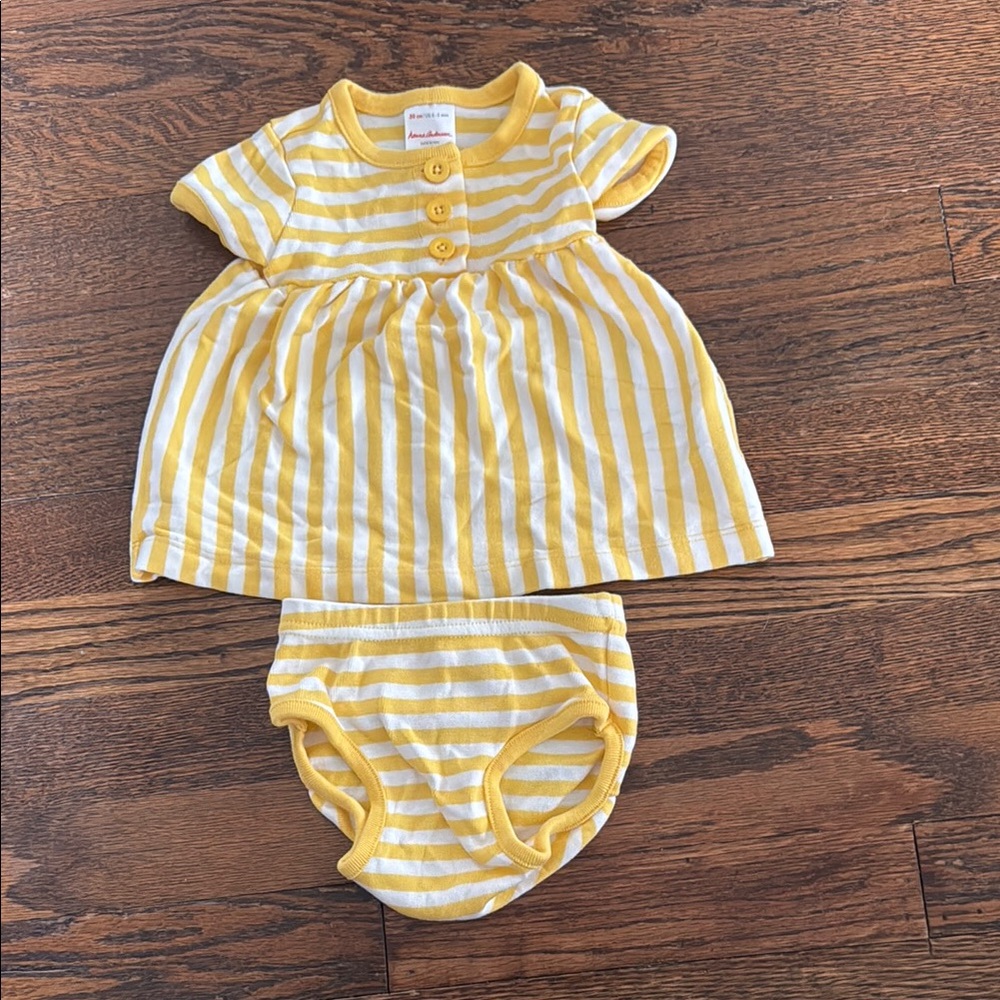 Hanna Andersson Yellow and White Striped Baby Dress + Diaper Cover